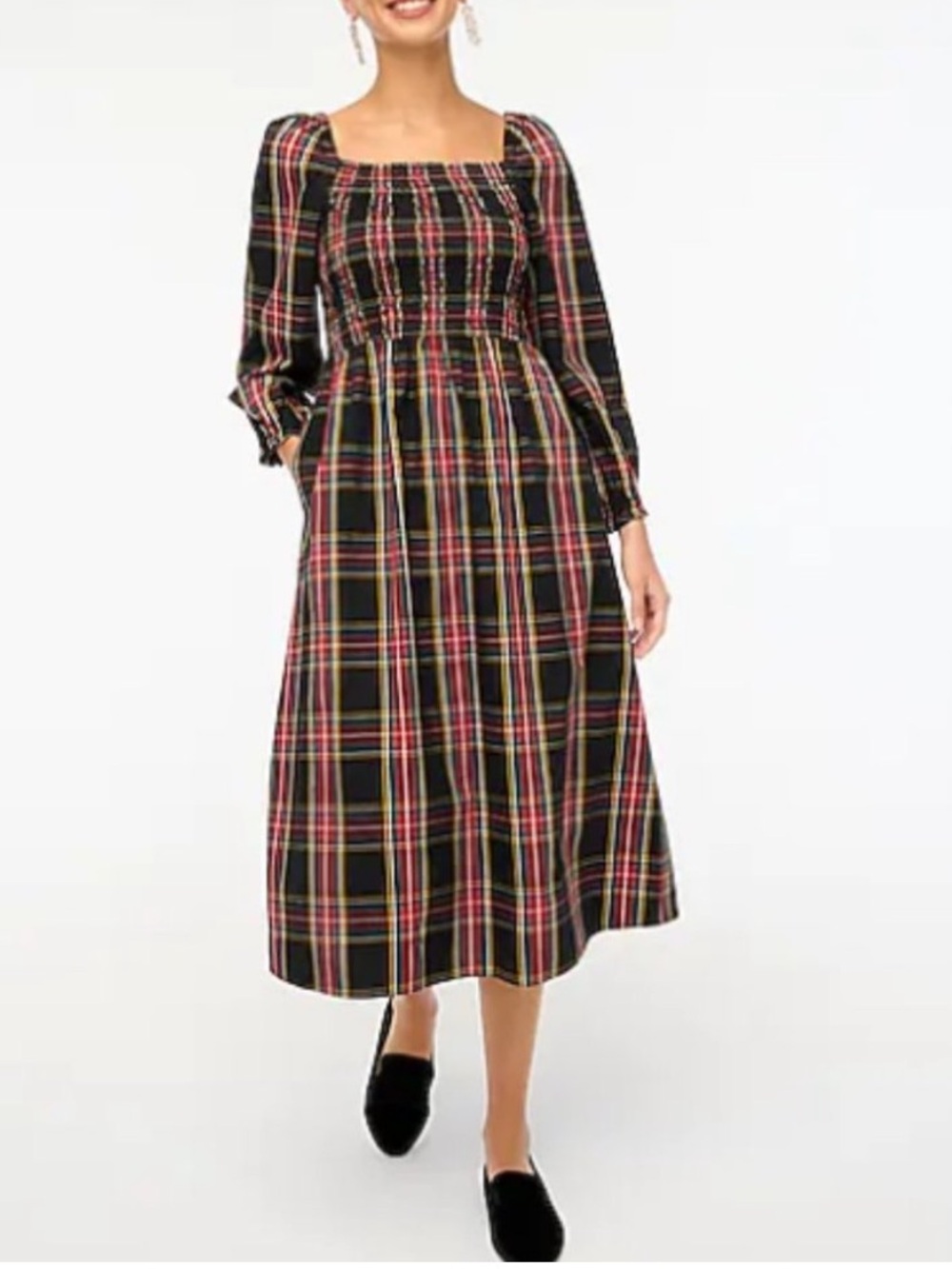 J. Crew Smocked Plaid Holiday Midi Dress Size Small